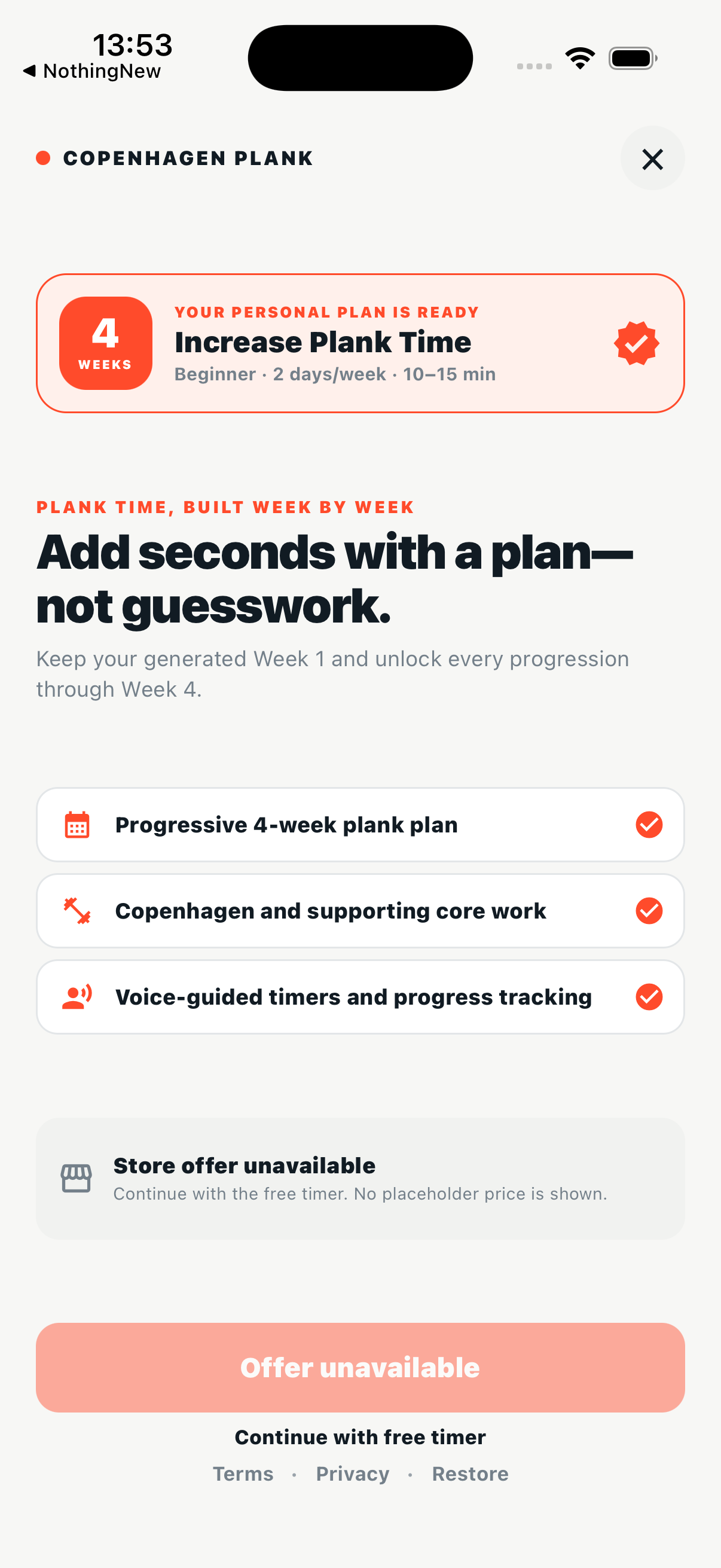 Copenhagen Core paywall showing the generated plan and premium training tools