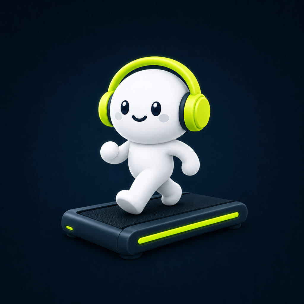 PadCoach app icon showing a friendly walker wearing headphones on a walking pad