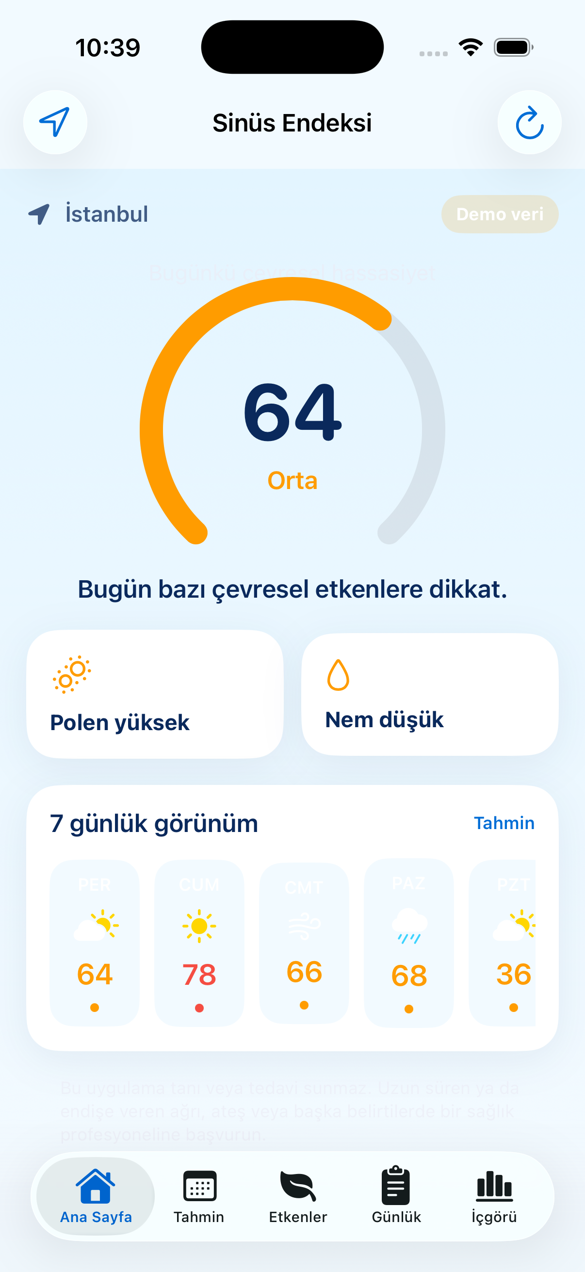 Sinüs Endeksi iPhone ekranında bugünün çevresel göstergesi ve yedi günlük polen, hava kalitesi, rüzgâr ve basınç görünümü