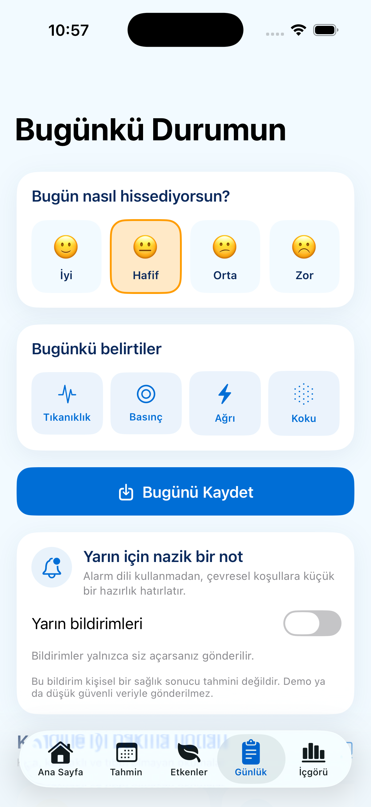 Sinüs Endeksi iPhone ekranında günlük belirti kaydı ve sakin dilli bildirim ayarları